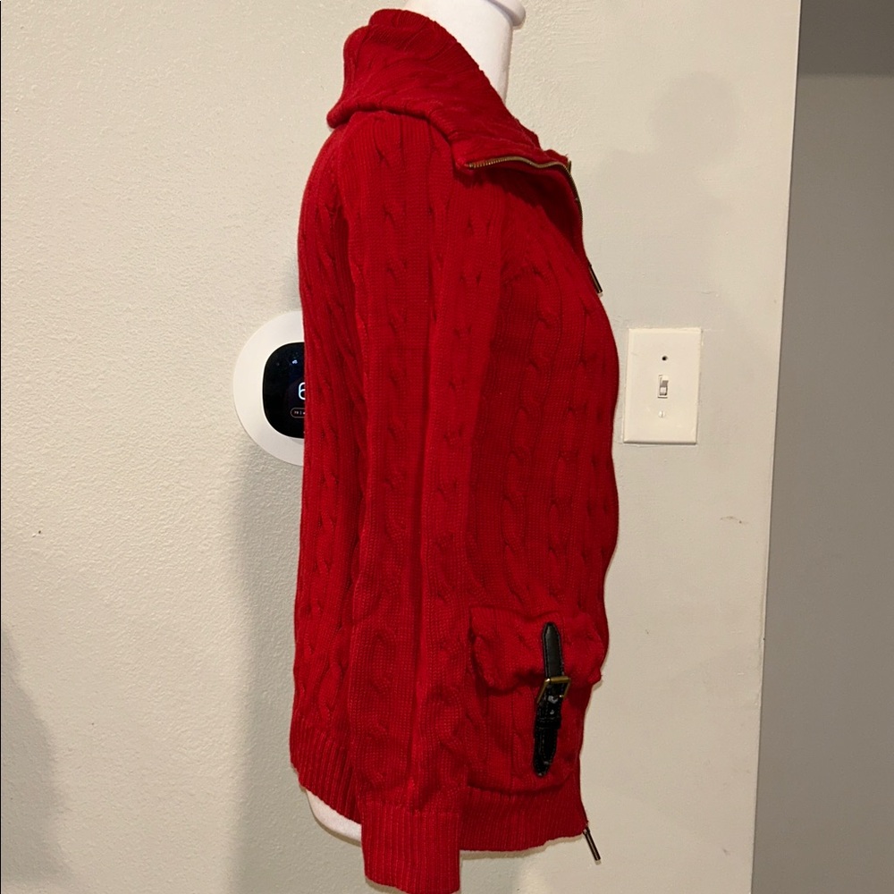 Lauren Ralph Lauren Sweater Womens S Red Cable Full Zip Brass Buckles Pockets - Picture 5 of 10